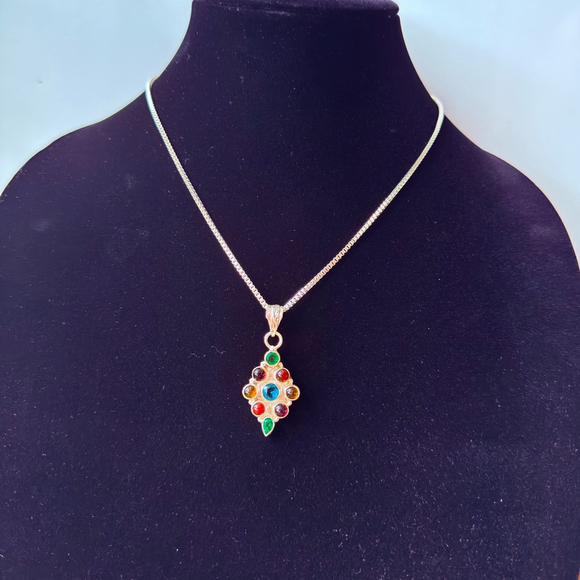 Multi Color Gemstones Sterling Silver Rhombus Boho Dangle Earrings, Neck… - Picture 7 of 12